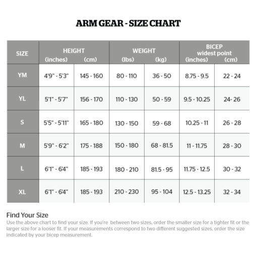 2018 Size Chart Arm Gear