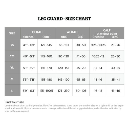 2018 Size Chart Leg Guard