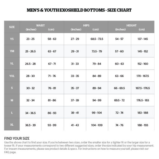 2019 Size Chart MY ES Bottoms 1